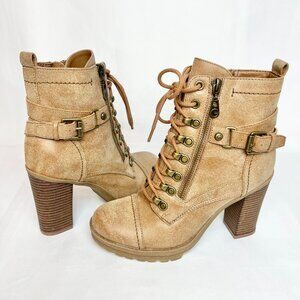 G by Guess Shoes Womens Chunky Heel Lace-up Combat Biker Boot Natural Tan Size 7